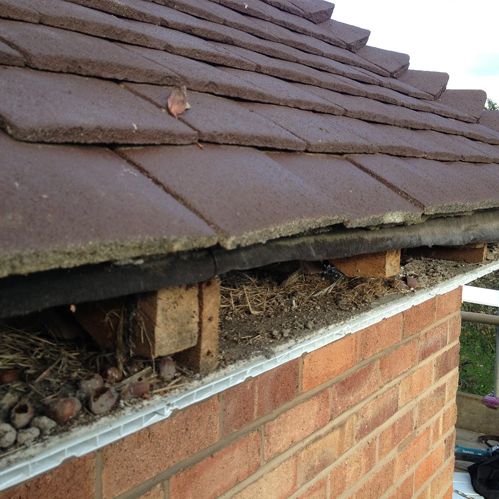 Close-up of a damaged tiled pitched roof needing repairs, with visible wear.